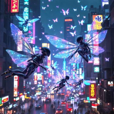 The primary subject of the image is a group of four fairies flying through the air. They are positioned in various locations, with some flying higher and others closer to the ground. The setting is a bustling city street at night, with bright lights illuminating the scene. The visual style is a combination of photo and digital art, creating a vibrant and lively atmosphere. The colors and mood are predominantly bright and energetic, with the fairies adding a touch of whimsy and magic